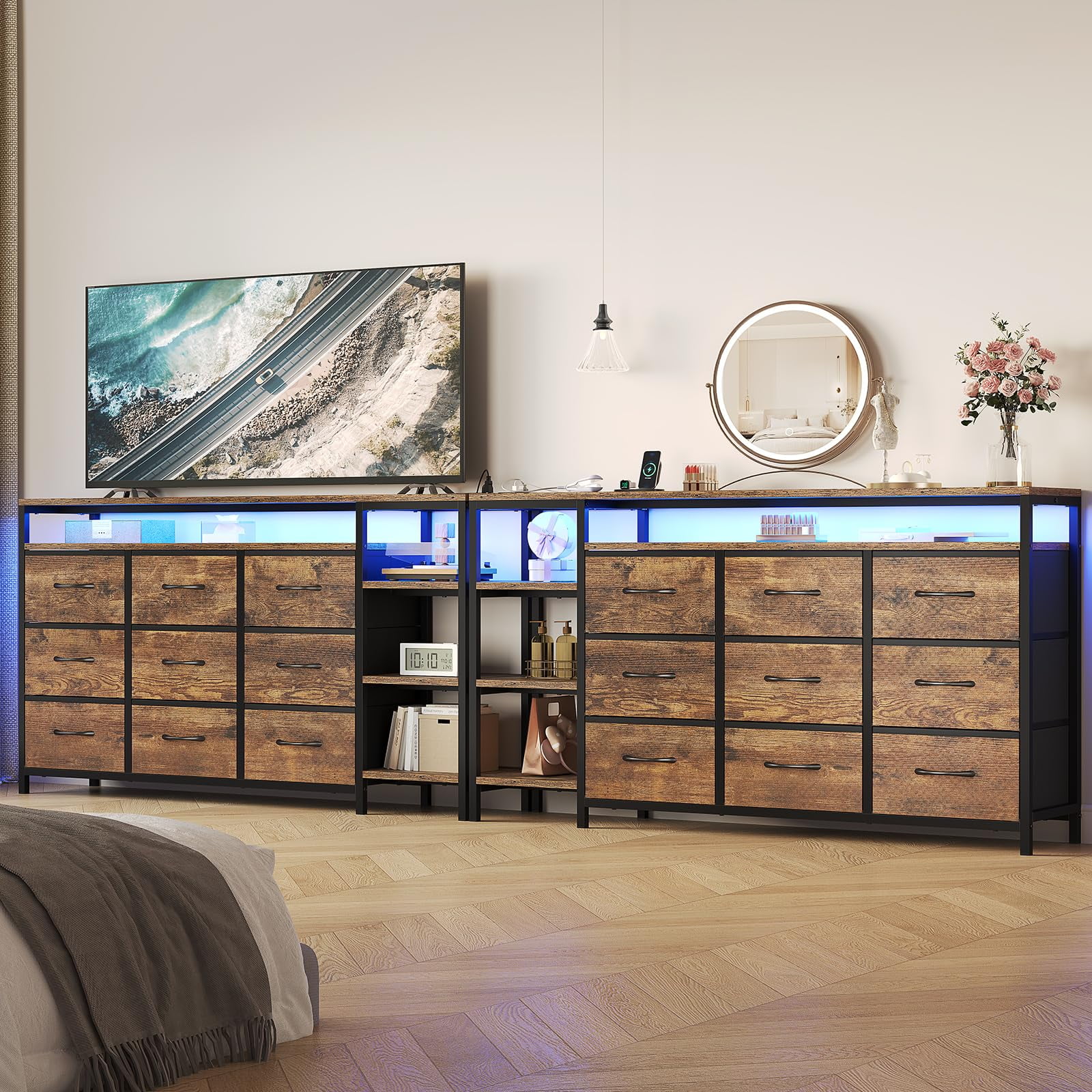 Afuhokles 9 Drawers Dressers for Bedroom with LED Lights and Powers Outlets,TV Stand for 55, 60 Inch TV, Entertainment Center with Drawers and Open Shelves, Rustic Brown