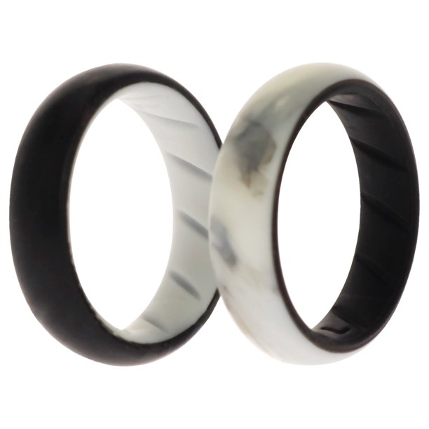 Juego de anillos sólidos BR de boda de silicona - Negro-Mármol de ROQ para mujer - Anillo de 2 x 7 mm