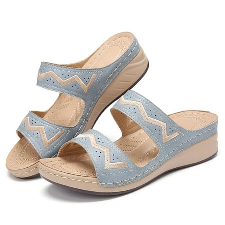 

Hollow Embroidery Wedges Platform Sandals Women Casual Daily Summer Slippers Blue 37