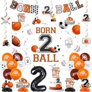 Born 2 Ball Birthday Decoration Backdrop Banner Cake Topper Honeycomb Centerpiece Hanging Steamer Latex Balloon for sports Basketball Football Soccer Baseball Two 2nd Birthday Decoration