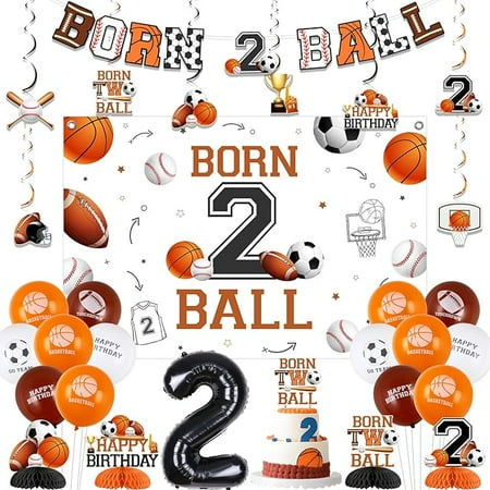 Born 2 Ball Birthday Decoration Backdrop Banner Cake Topper Honeycomb Centerpiece Hanging Steamer Latex Balloon for sports Basketball Football Soccer Baseball Two 2nd Birthday Decoration