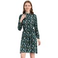 thumbnail image 1 of Vestido Floral De Una Línea De Manga Larga Con Columpio Hasta La Rodilla Y Cuello Simulado Para Mujer Verde oscuro M, 1 of 6