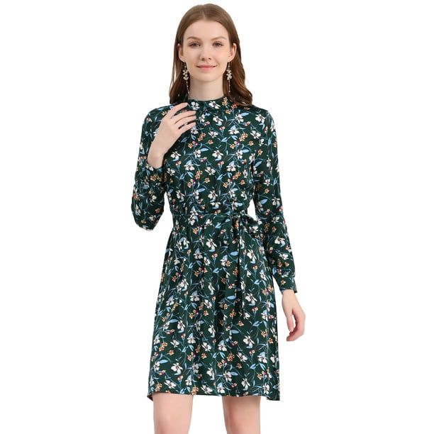 Vestido Floral De Una Línea De Manga Larga Con Columpio Hasta La Rodilla Y Cuello Simulado Para Mujer Verde oscuro M