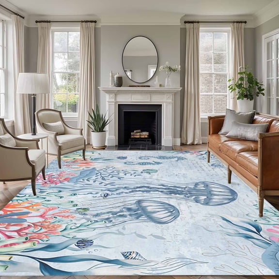 Blue Jellyfish Coastal Area Rugs 8'x10', Washable Small Throw Rugs for Living Room Patio, Beach Nautical Ocean Coral Seahorse Indoor Outdoor Rug Non-Slip Low Pile Carpet Runner Reversible Floor Mats