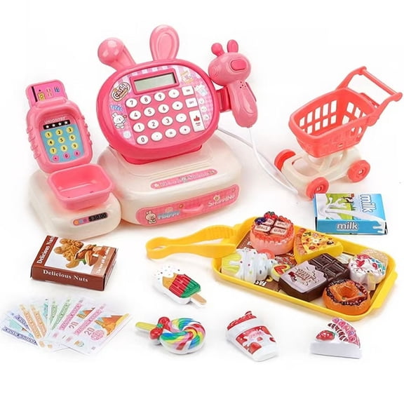 Electric Supermarket Cash Register Toy for Kids, Pretend Play House Set with Shopping Cart & Groceries, Cartoon Frog Animal Theme Gift for Children