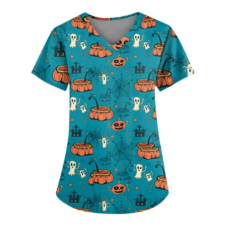 

Sksloeg Scrub Tops Women Leopard Pumpkin Print Tops Nursing Working Uniform Short Sleeve V-Neck T-Shirts with Pockets Blue 5XL