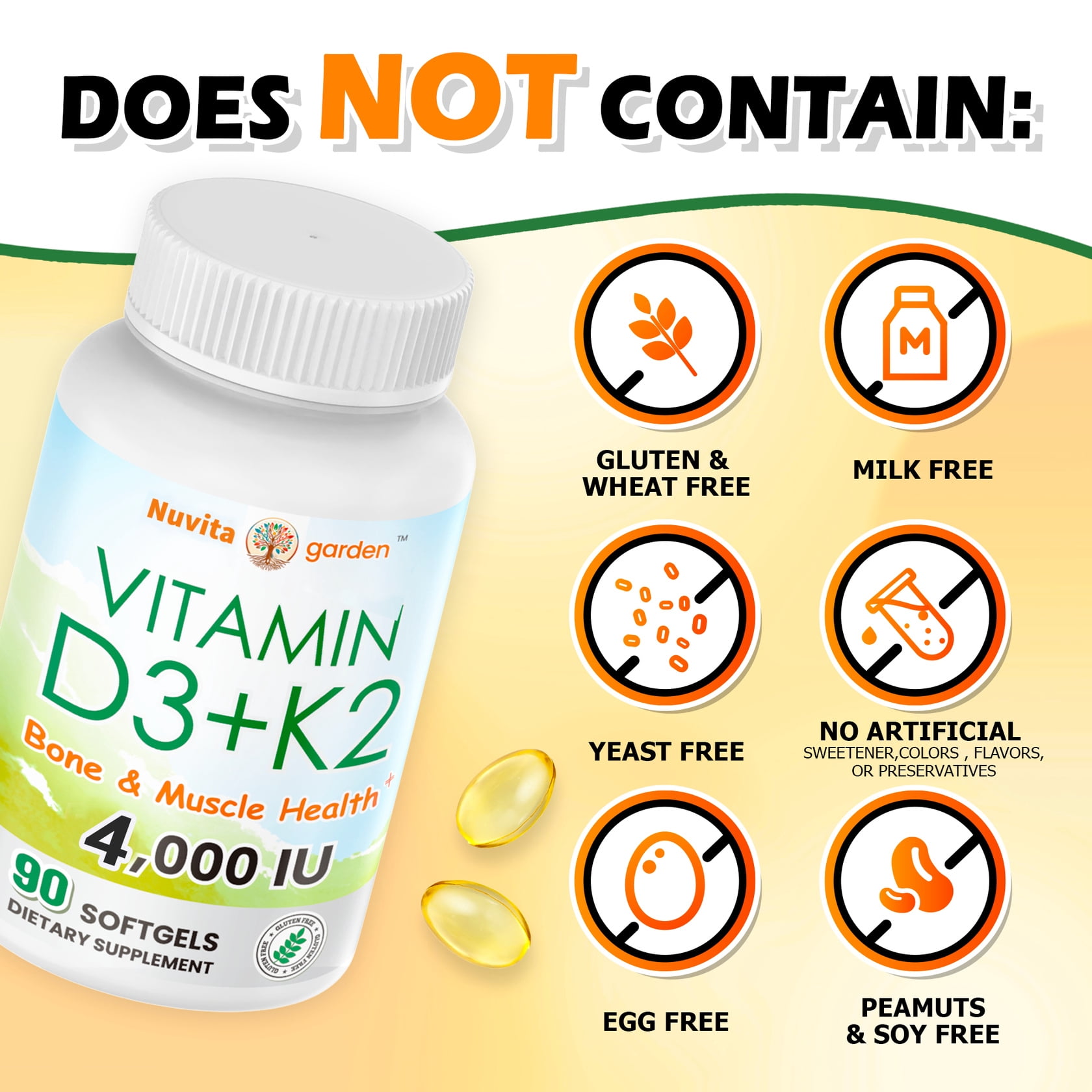 Vitamin D3 + K2 - 4,000 iu D3 + 200 mcg K2 - Supports Immunity, Bone & Brain Health