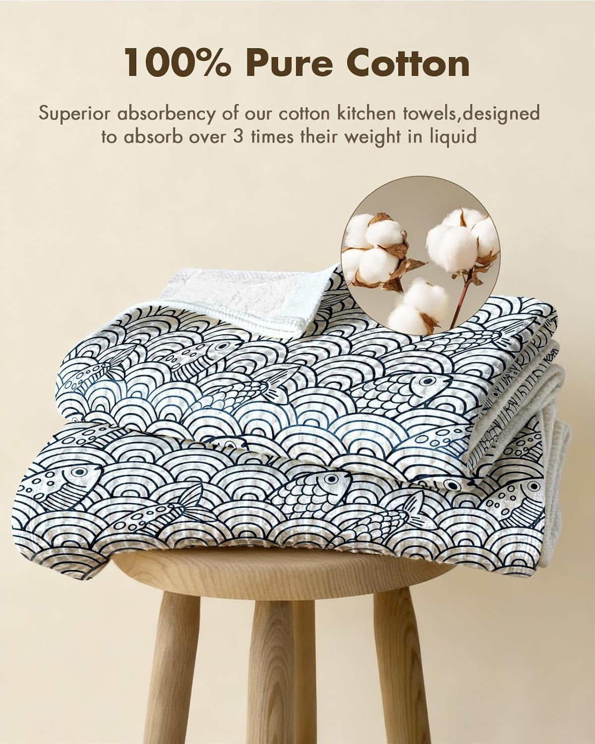 JJEAN-Cotton Waffle Kitchen Towels \u2013 Cute 370 GSM 16x25 Inch Terry Cloth Waffle Decorative Dishcloth for Kitchen Set of 2 with Hanging Loops Absorbent Hand Tea Towel for Home Design, Fish