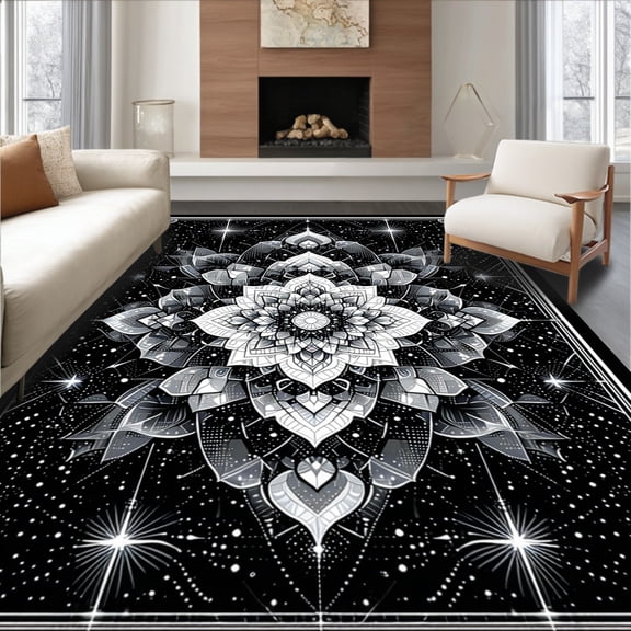ODIKA 4'x6' Machine Washable Non-Slip Area Rug, Mystic Black Geometric Art for Modern High Traffic Rug, Black, 77866