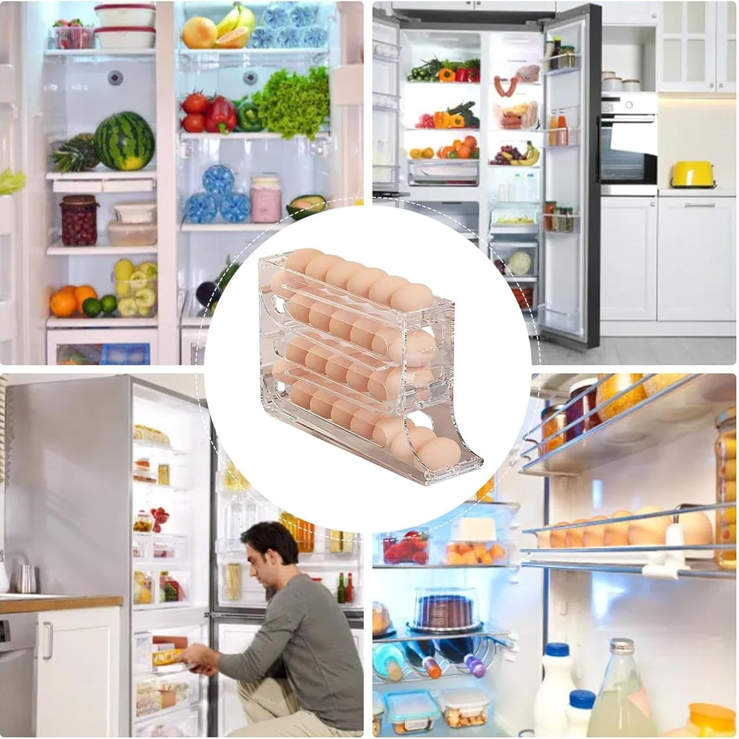4 Tiers Egg Holder for Fridge, 2024 New Automatic Scrolling Egg Rack Holder, Space-Saving Egg Dispenser Auto Rolling, Large Capacity Eggs Organizer Storage 30 Egg for Fridge