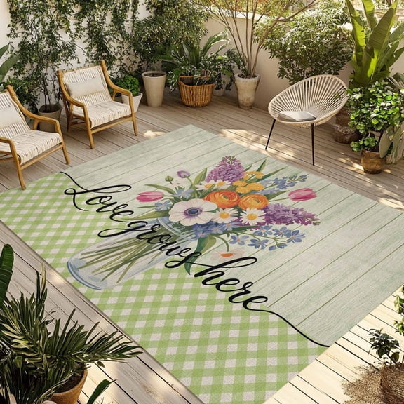 Watercolor Flowers Outdoor Rug 4x6 Ft - Reversible Patio Rug Outdoor Camping Rugs, Spring Floral Sage Green Stripes Check Indoor Outdoor Area Rugs, Non-Slip Outdoor Carpet Runner for Deck/Porch
