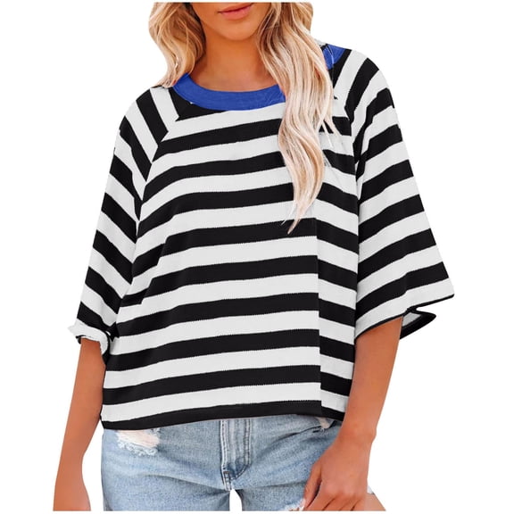 Women's 3/4 Sleeve Tops 2026 Trendy Striped Color Block Crew Neck Shirts Dressy Casual Loose Fit Basic Blouses