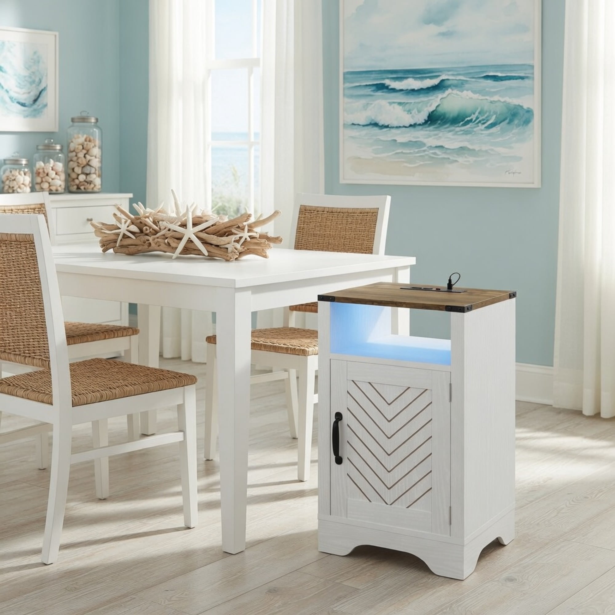 16" Wide White & Rustic Oak LED Nightstand with Charging Station & Storage