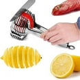thumbnail image 1 of Trancheuse de Tomates et Citron Support Rond pour Fruits Oignons Guide de Coupe Pinces avec Poignée Cuisine Coupe Pommes de Terre Lime Support Alimentaire Acier Inoxydable, 1 of 7