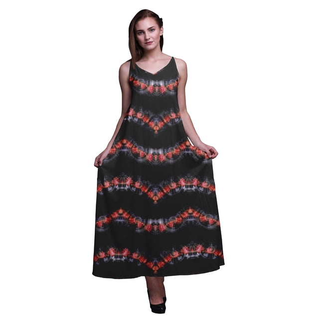 Bimba Robe Longue Maxi Imprimée à Bretelles Spaghetti Ajustables en Rayonne Teinture sur Nœuds pour Femmes Boho-Moyen