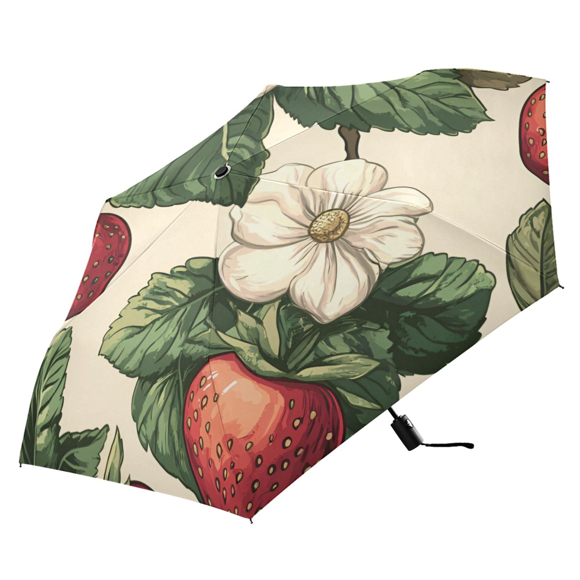 FORMRS Travel Umbrella Folding Auto Open Close Windproof Rain UV Protection, Beige Strawberry