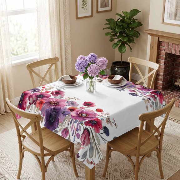 Purple Floral Square Tablecloth 54x54 Inch Watercolor Flowers Leaves Waterproof Polyester Tablecloth for Dining Table, Washable Table Cover for Kitchen Dining Room Wedding Decoration,Stain Resistant