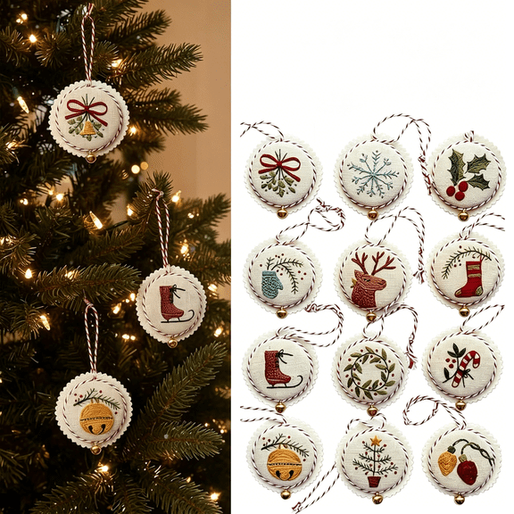TUWAFE Christmas Embroidery Kit,12Pcs Diy Ornament Set for Beginners,12Pcs Pre-Printed Embroidery Kit with Threads,Needles&Ribbons for Beginner Christmas Ornaments