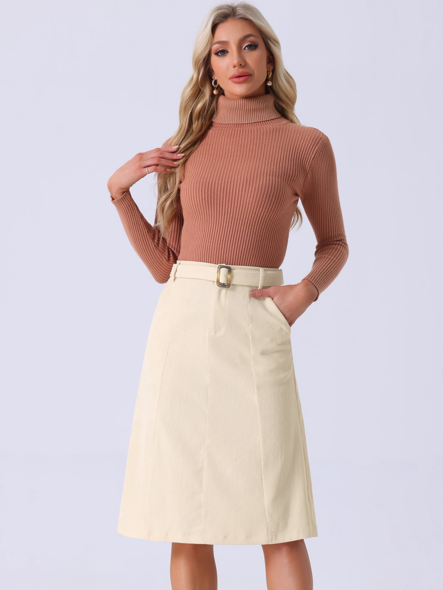DARING DIVA Women's A-Line Belted Fall Midi Corduroy Skirt M Beige