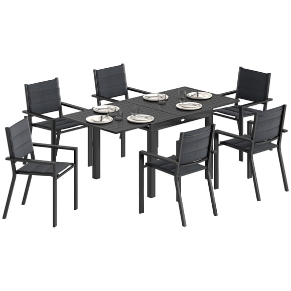 Outsunny Ensemble de Salle à Manger de Patio, Table Extensible, 6 Chaises Empilables, Noir