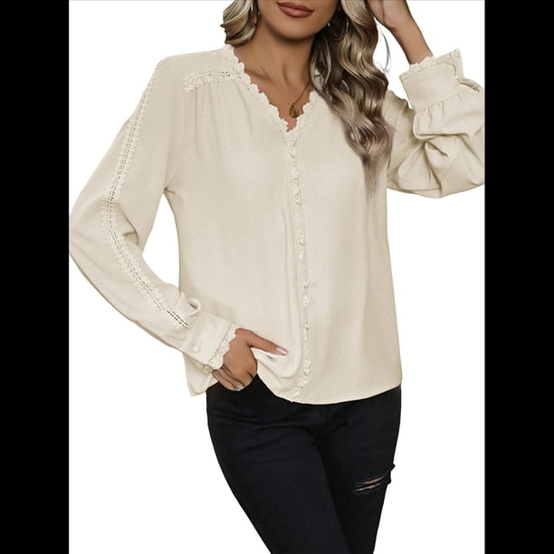 Camisas de Mujer con Botones, Puños de Encaje, Larga, Blusas Elegantes de con Cuello Mao, Blusas Informales de Negocios para Otoño Albaricoque M