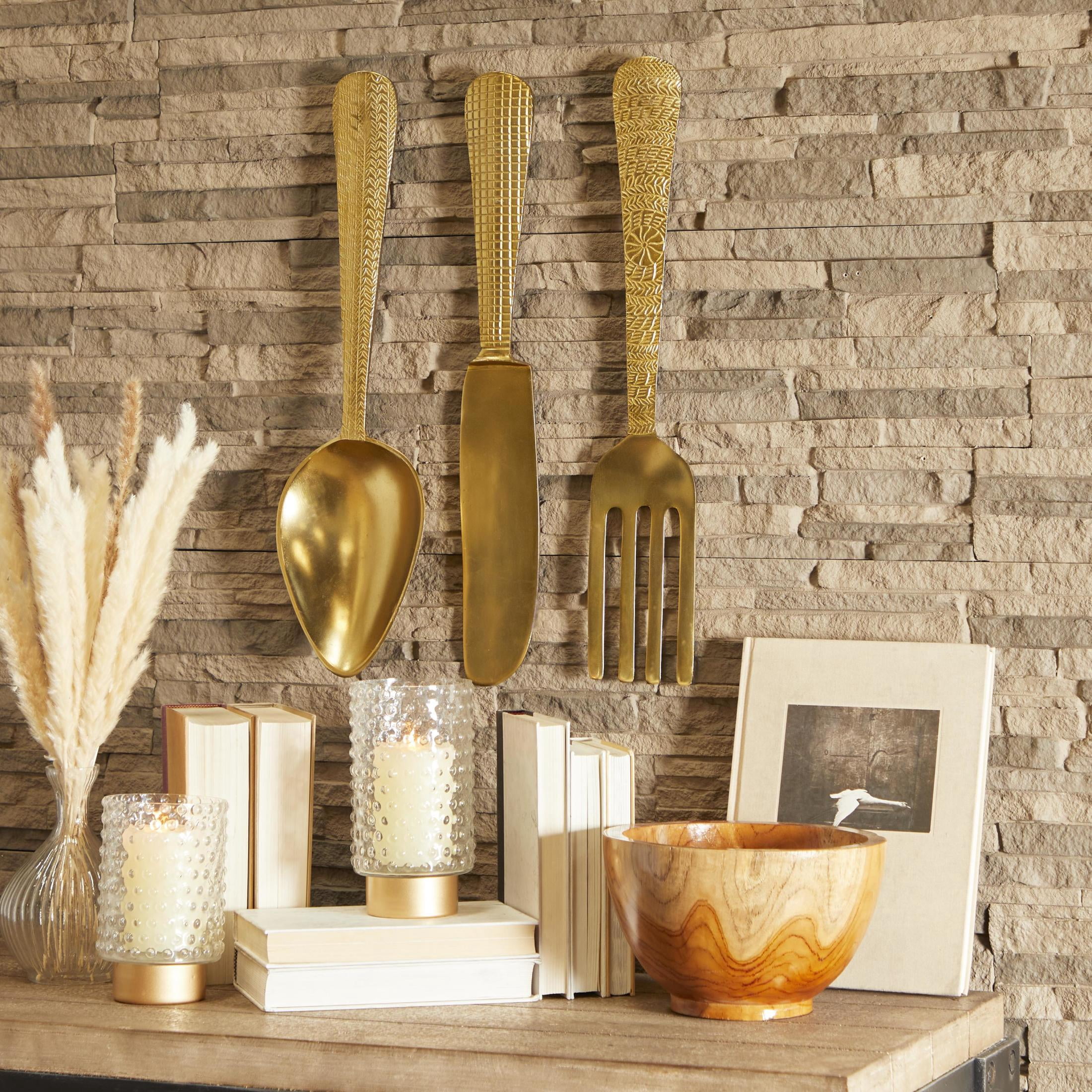 DecMode Gold Aluminum Metal Knife, Spoon and Fork Utensils Wall Decor (3 Count)