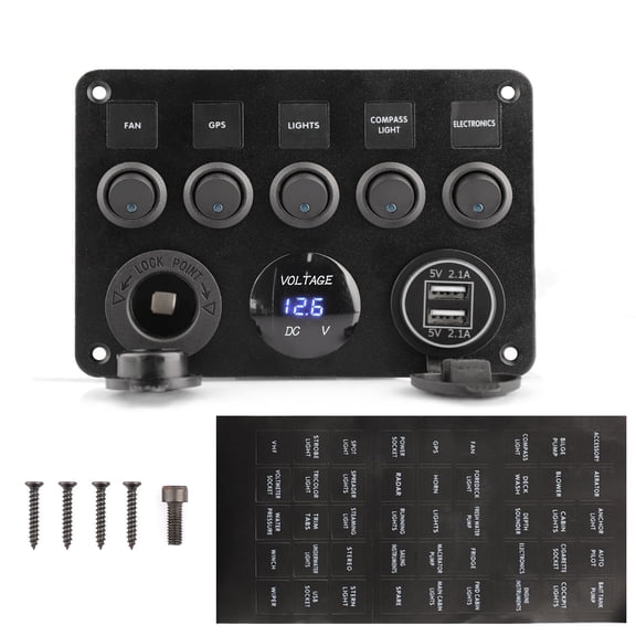 ASKITO 5 Gang Switch Panel 12V/24V Marine Switch Panel Waterproof with 5V 2.1A Dual USB Charger, Digital Voltmeter & Cigarette Lighter Socket for Boat, RV, Car, Truck