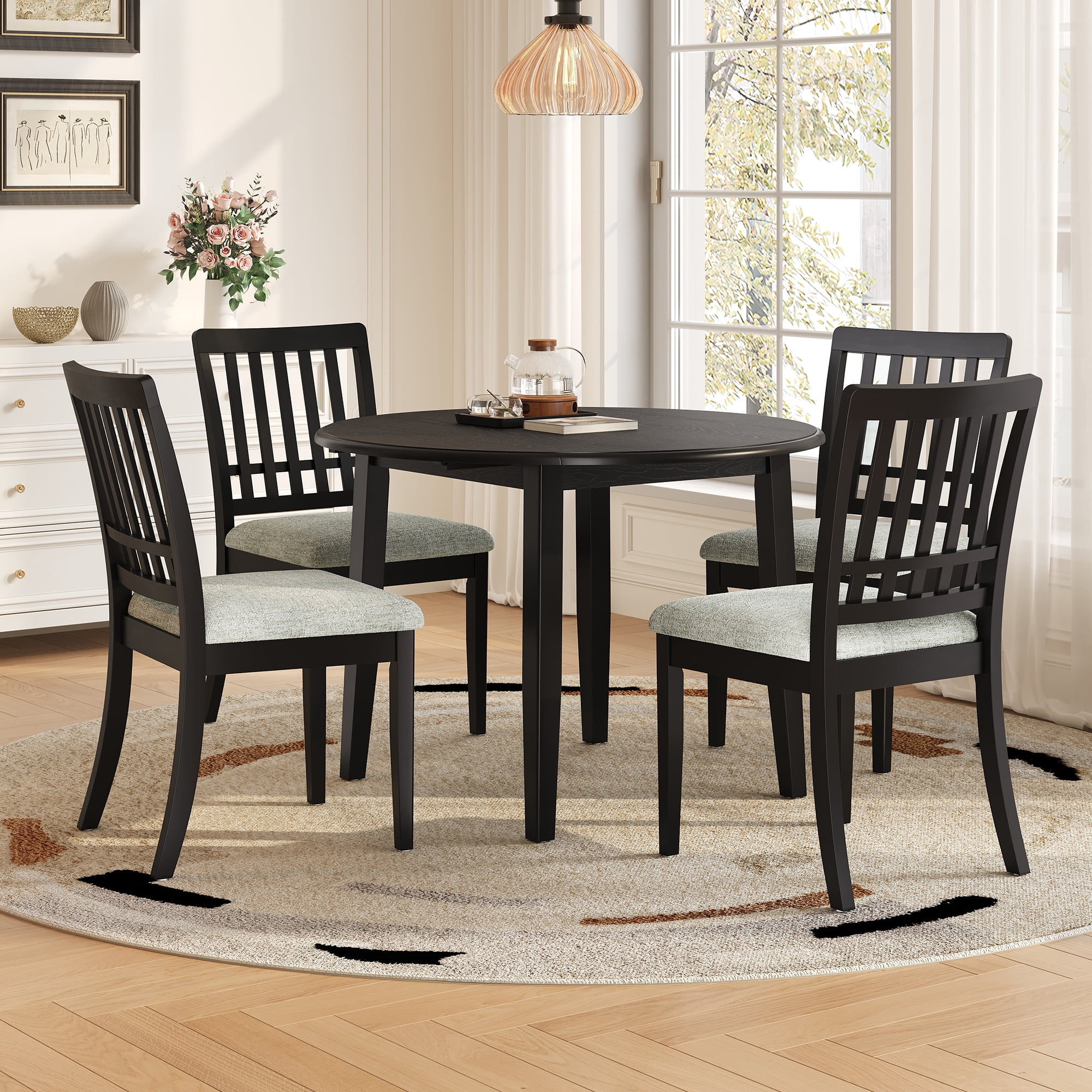 Euroco 5-Piece Round Dining Table Set for 4, Folding Wood Dining Table with 4 Upholstered Chairs, Farmhouse Kitchen Table Set for Small Space,Apartments,Black