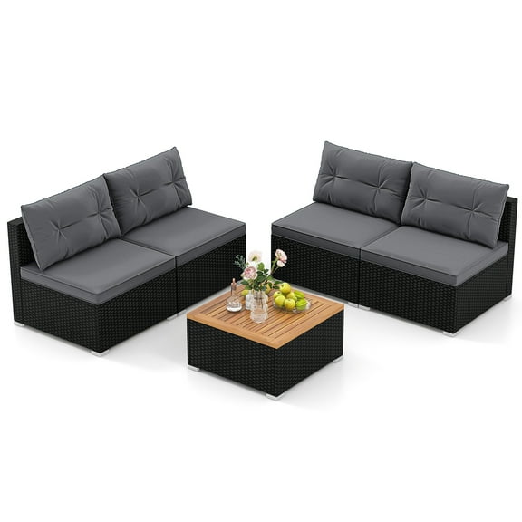 Topbuy 5 Pieces Outdoor Patio Furniture Set Sectional PE Rattan Sofa Set with Cushions and Acacia Wood Coffee Table Gray