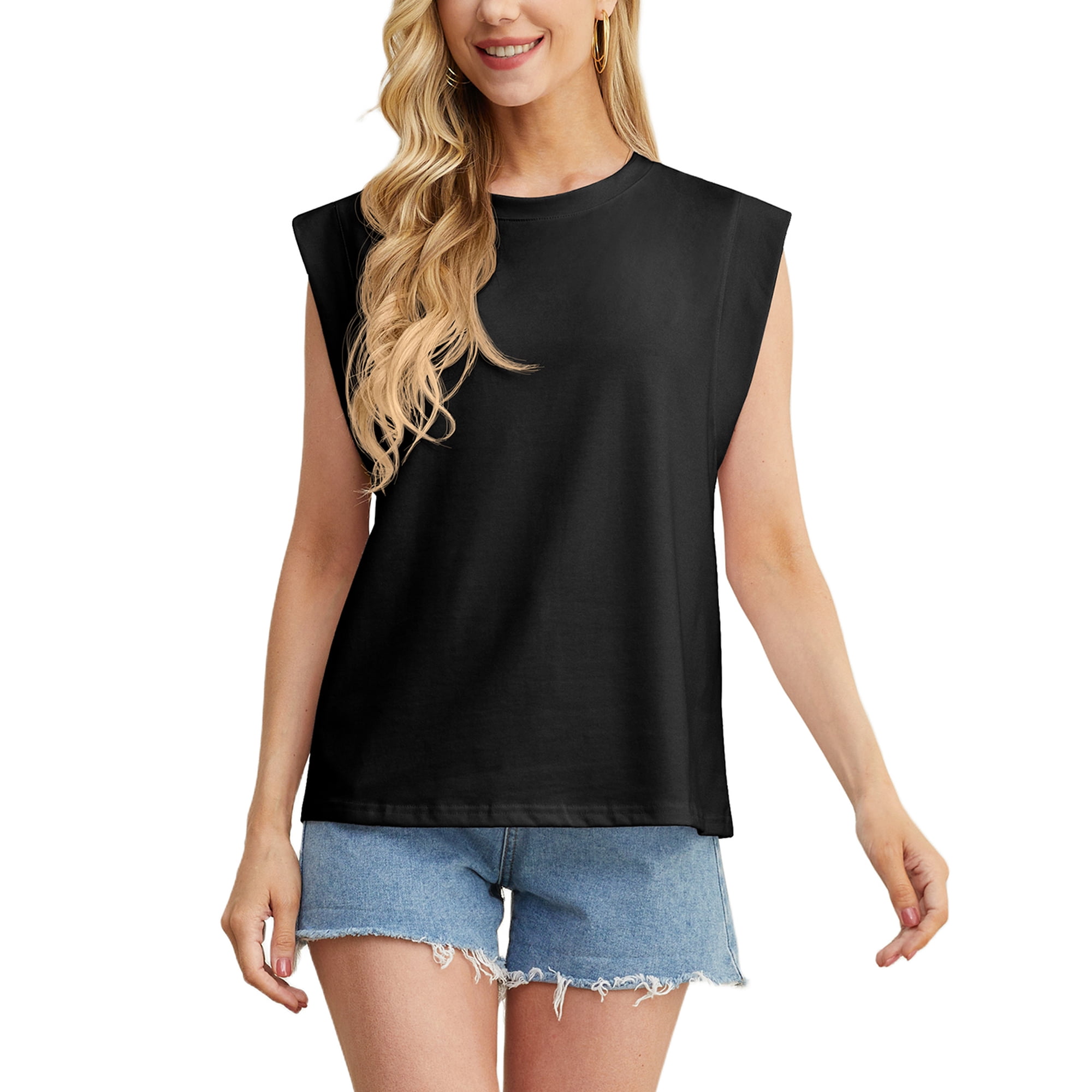 JWD Women's Cotton Breathable Tank Top Cap Sleeve Casual Crew Neck Solid Color Black L
