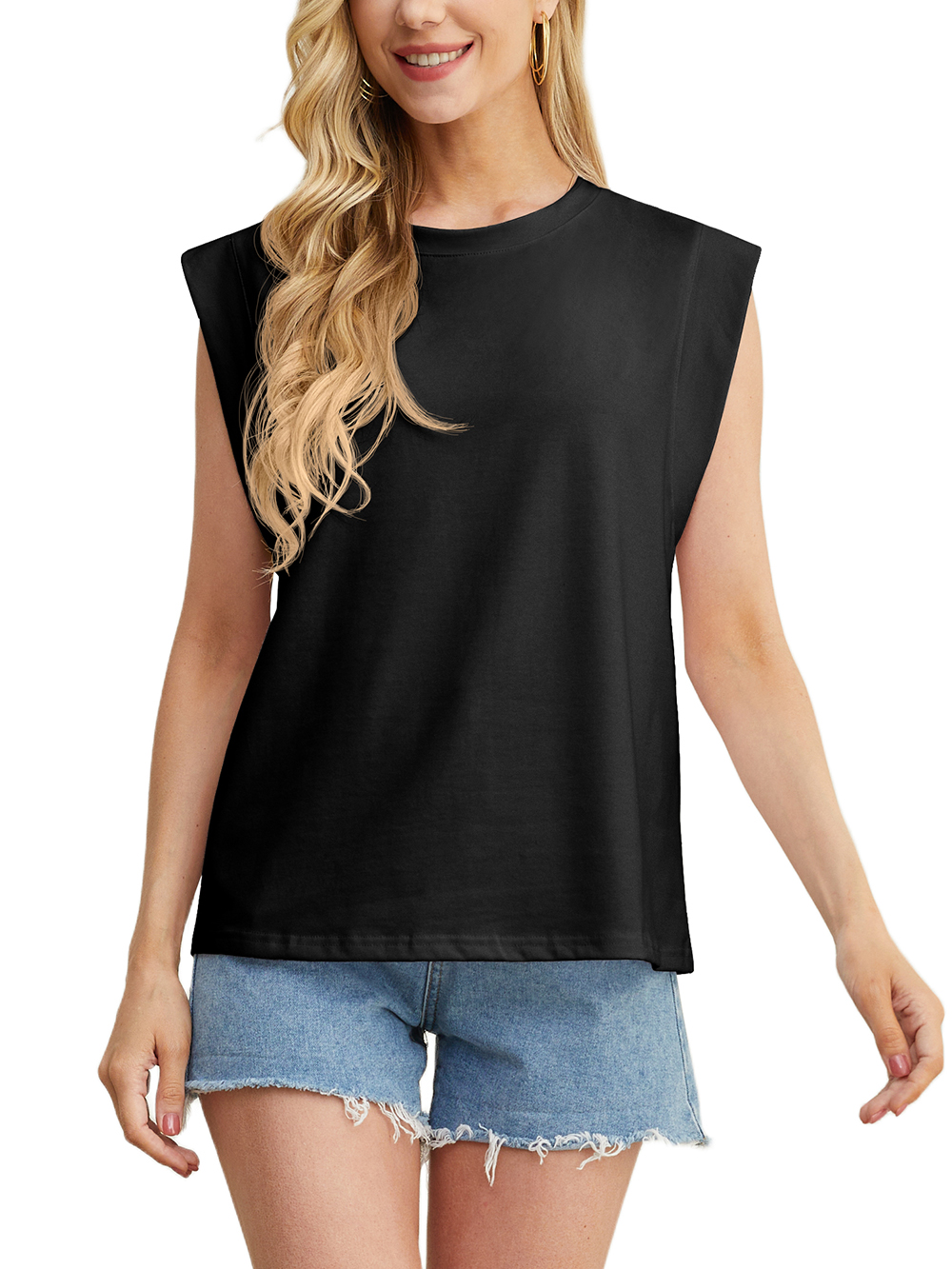 JWD Women's Cotton Breathable Tank Top Cap Sleeve Casual Crew Neck Solid Color Black L