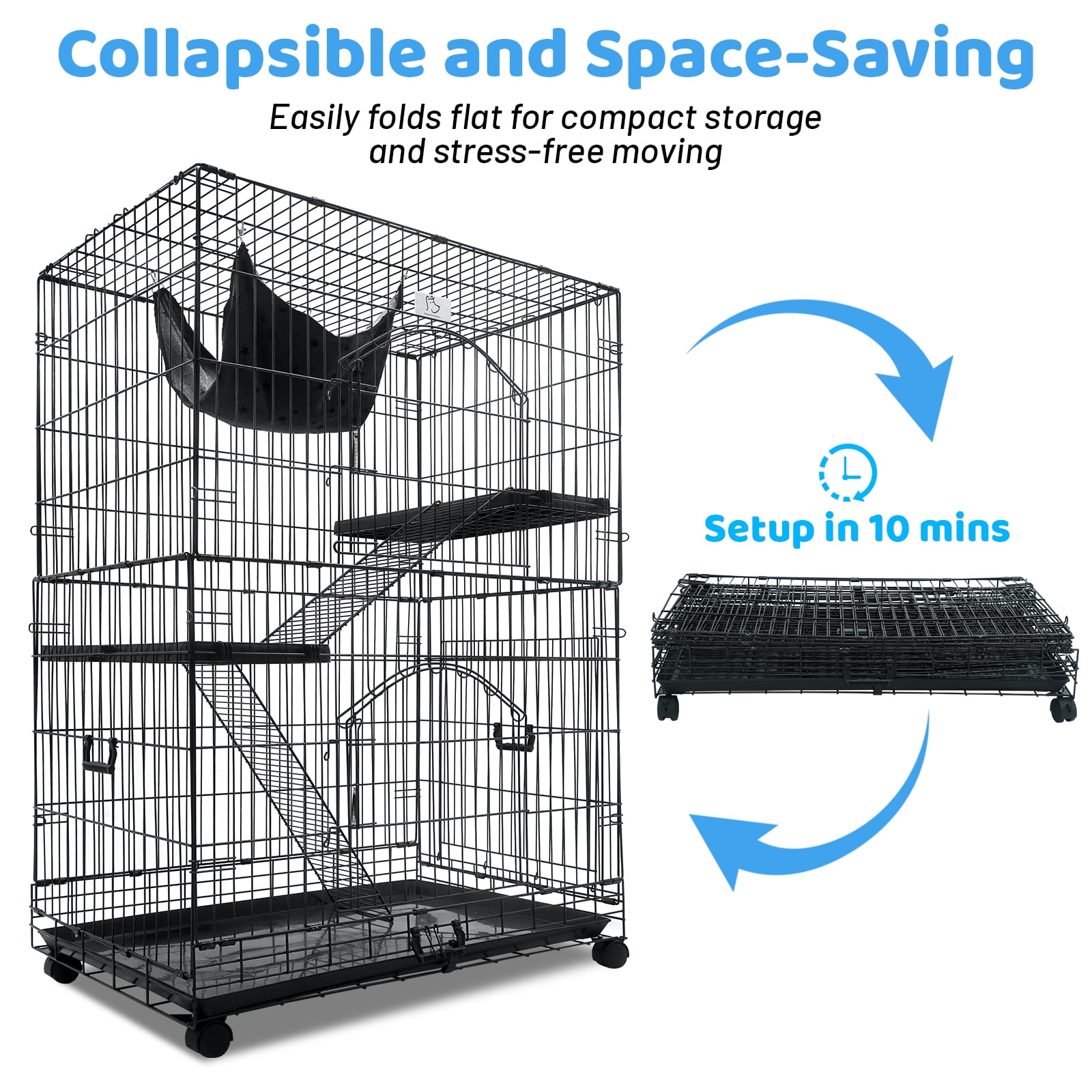 Homey Pet 51 Inch Cat Cages Indoor, 3-Tier Cat Crates for Indoor Cats, Collapsible Metal Wire Large Cat Kennel Big Multi-Level Kitten Crate with Wide Side Door, Plastic Platform, Ramp, 360° Wheel