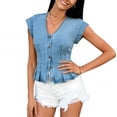 thumbnail image 4 of Women's Denim Vest Trendy Cap Sleeve V Neck Button Down Jean Vest Tops for Summer Crop Waistcoat Light Blue, 4 of 6