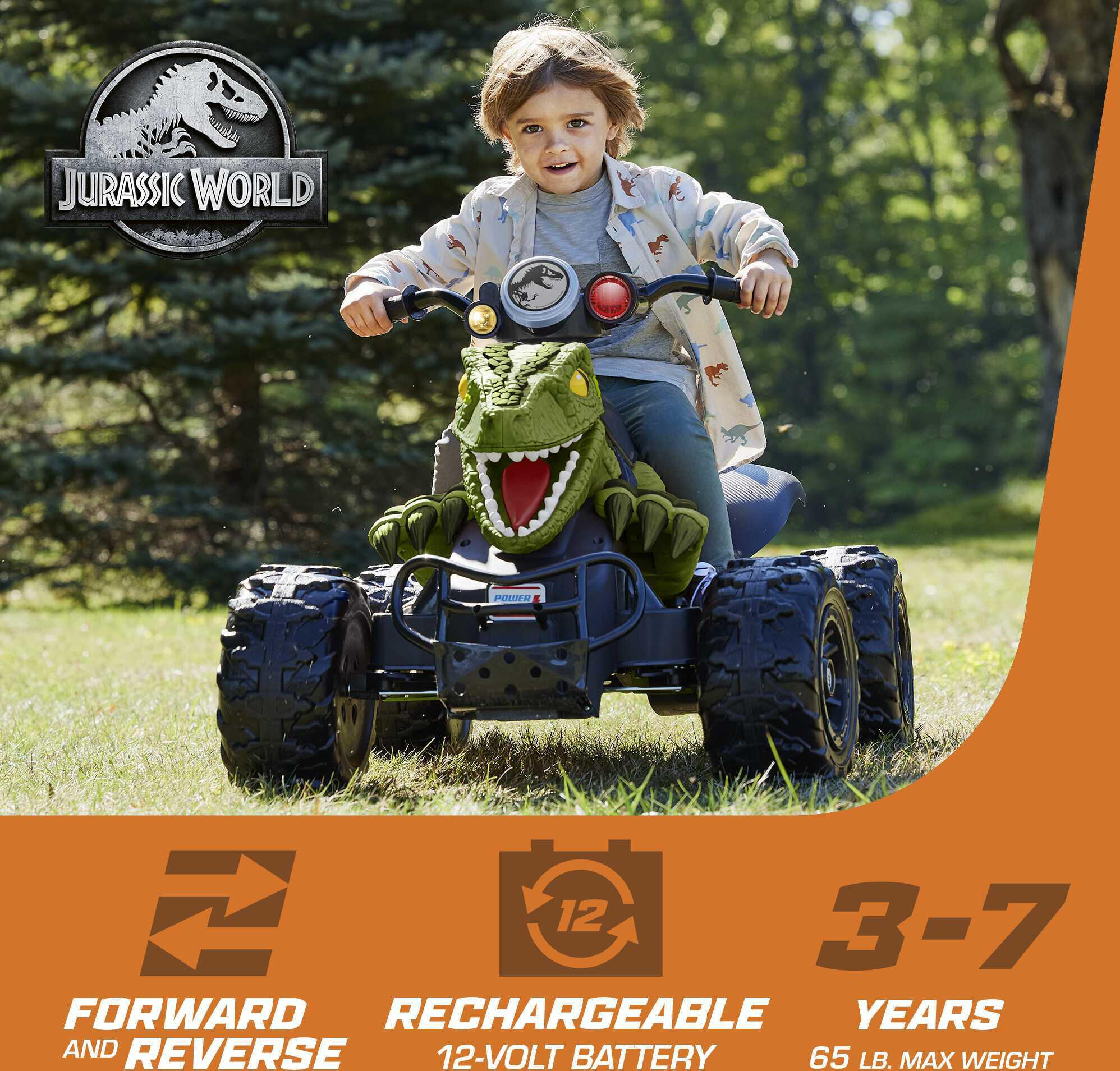 12V Power Wheels Jurassic World Dino Racer Battery-Powered Ride-On ATV Dinosaur Toy, Green - image 3 of 8