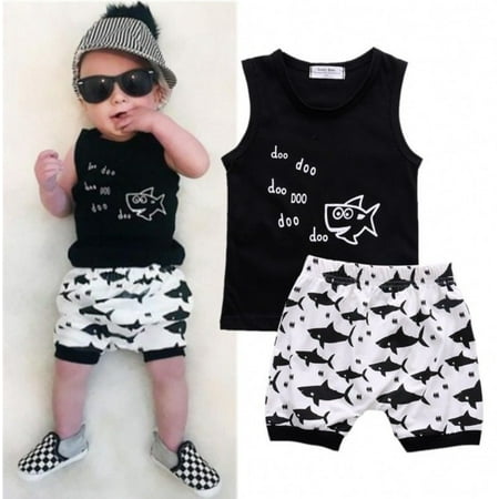 2PCS Baby Boys Cartoon Shark T-shirt Tops Vest Shorts Pnats Summer Outfits Set