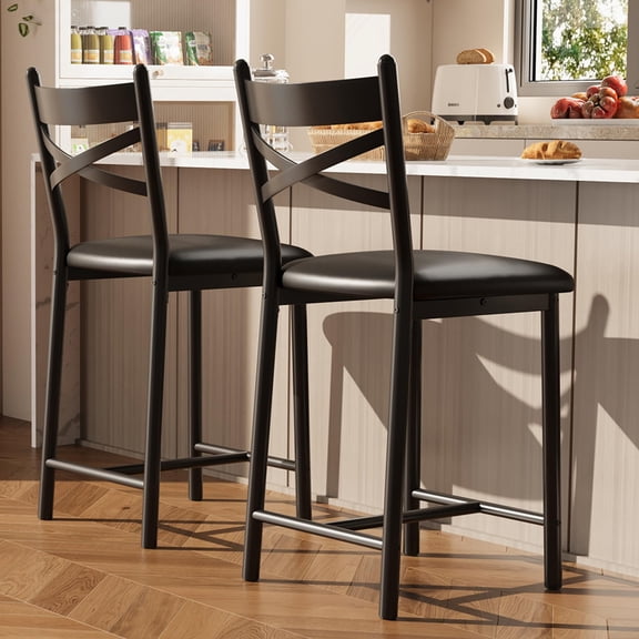 26'' Bar Stools Set of 2 with Back and Thick Upholstered Cushion | Counter Height Bar Chairs, Dining Chairs with Padded Seat, Barstools for Kitchen Island, Bar, Dining Room, Black