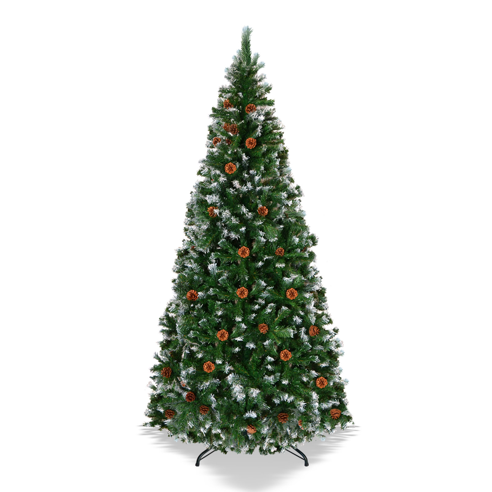Sunrise Artificial 7' Snow Tipped Christmas Tree with Pine Cones and Steel Stand -Unlit (7' with 1003 Tips and 39 pinecones)