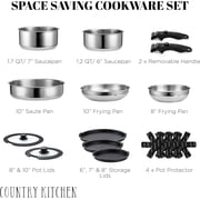 Country Kitchen Pots and Pans Cookware Set, 16-Piece Stainless Steel with Removable Handle, Silver