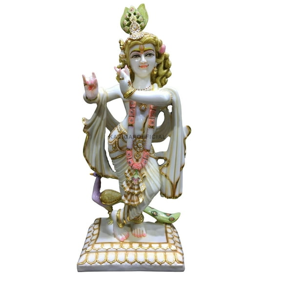 Krishna Statue, Large 24 inches Krishna Idol, Stone Jewelry Studded Marble Krishna Figurine, Hindu God Handpainted Murlimanohar Murti, Home Temple Pooja Housewarming Anniversary Gifts Sculpture