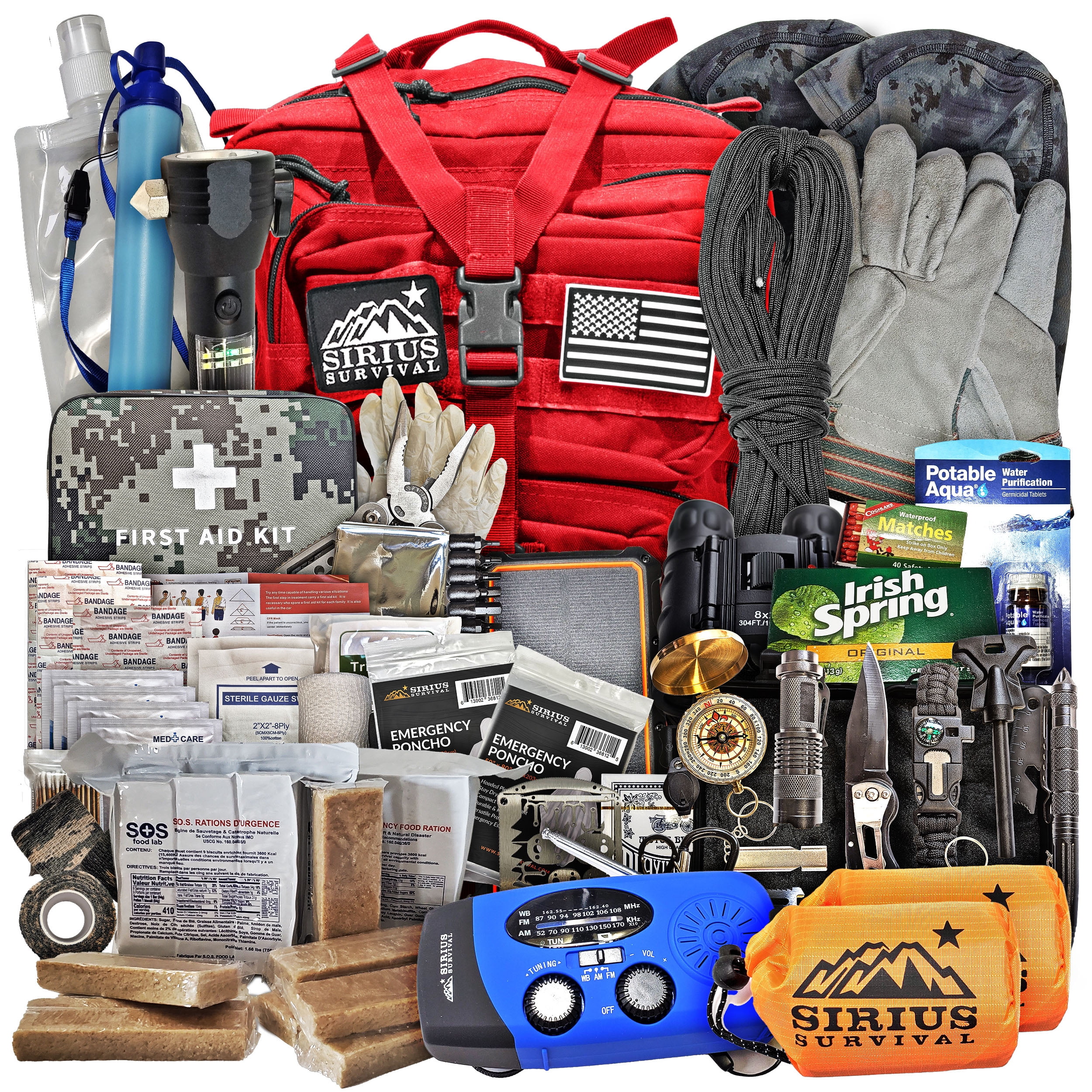 Sirius Survival 150+ Piece Emergency Bug Out Bag For 2 People – 72-Hour Disaster Preparedness Kit With Backpack, First Aid, Food, Water Filter & More