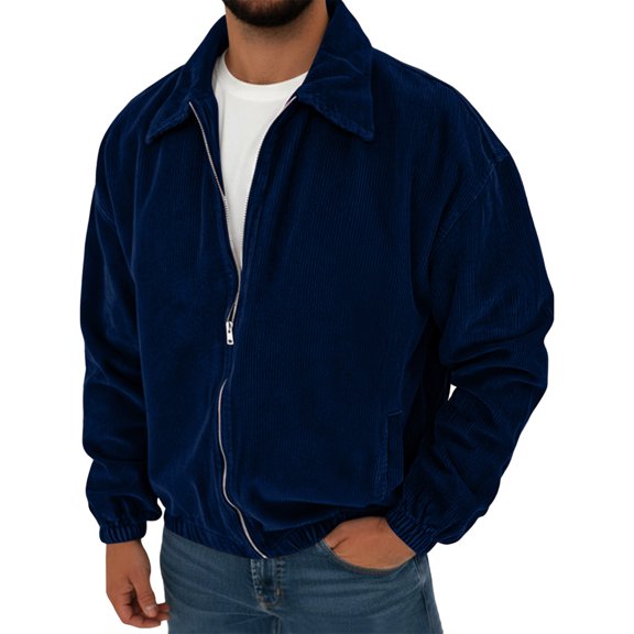 Men's Lapel Collar Corduroy Full Zip Jacket Long Sleeve Vintage Loose Casual Outer Coat with Pockets