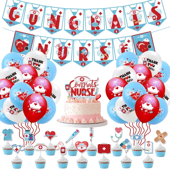 Nurse Graduation Decoration Congrats Nurse Banner Class of 2026 with Balloons Cupcake Toppers for Congrats RN Nursing School Party Favors