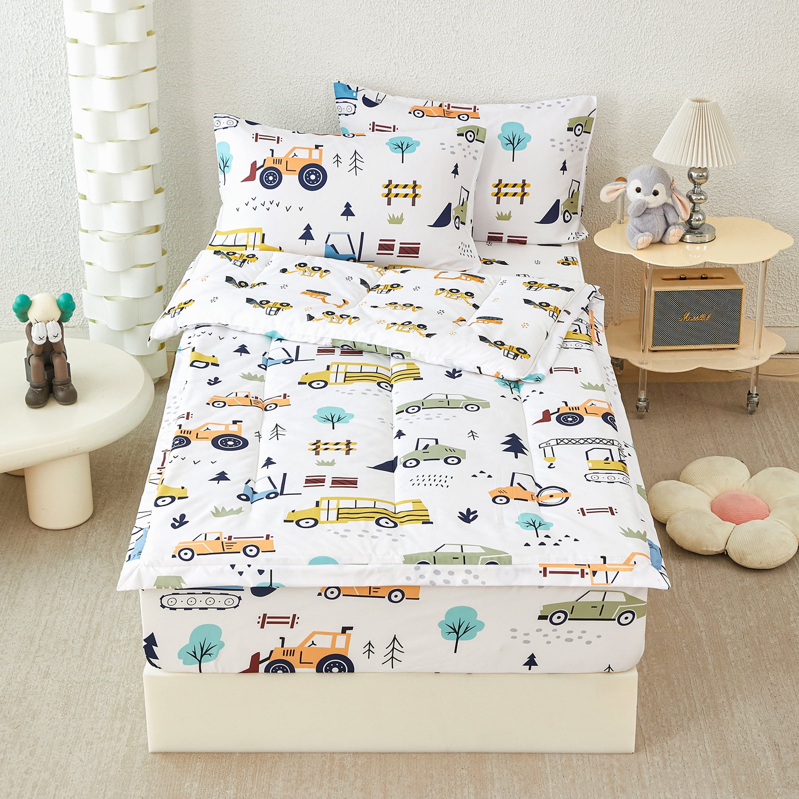 ZRNBAST Construction Comforter Set for Boys Zipper Bedding Sets Twin Size Lightweight Microfiber Cartoon Car Comforter for Kids All in one Zipper Bed Set(White,Twin)