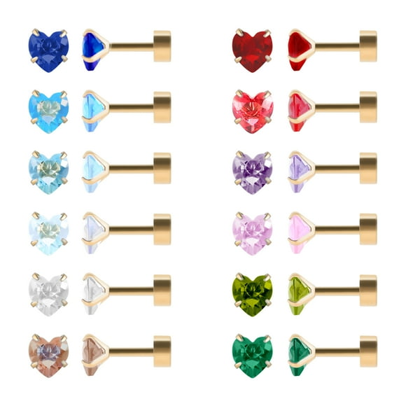 12 Paires de Boucles d'Oreilles Clous en Acier Inoxydable Chirurgical en Forme d'Hélix de Cartilage, Ensemble de Boucles d'Oreilles Cœur à Vis Plate avec Pierre de Naissance CZ pour Filles