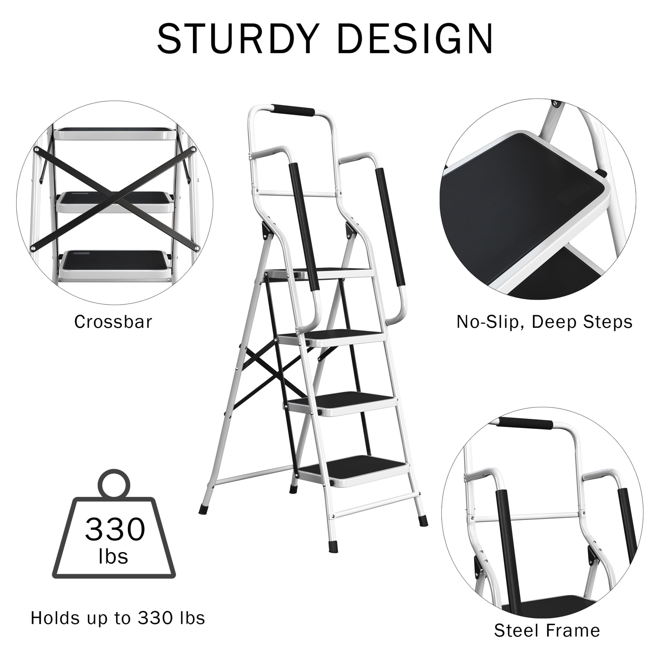 Stalwart 4 Step Stool Folding Ladder with Handrails and Attachable Tool Bag