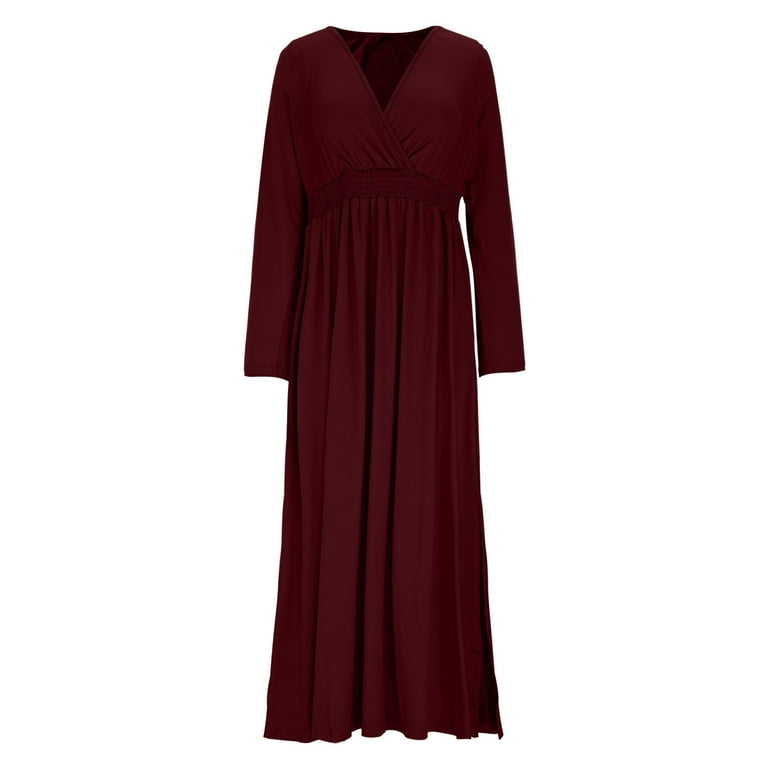 Smihono Womens Wrap V-Neck Smocked Empire Waist Dress Casual Long Sleeve Ruched Side Slit Elegant A-Line Pleated Maxi Dresses Wine XL