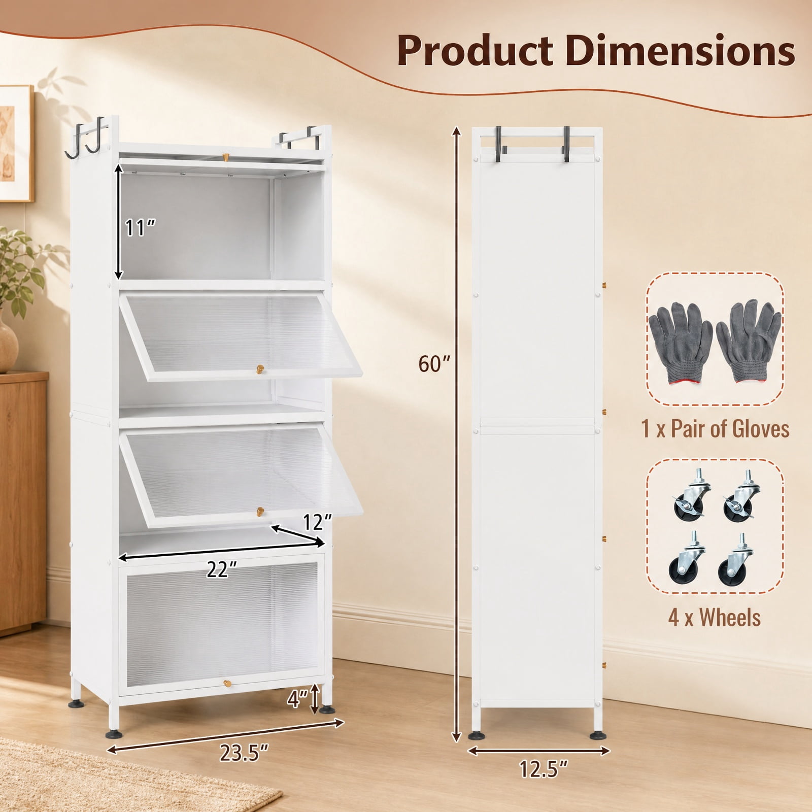 RUIE 5-Tier Kitchen Baker's Rack with Flip-up PC Doors, Rolling Storage Cabinet Pantry Organizer with Universal Wheels and Removable Hooks, White