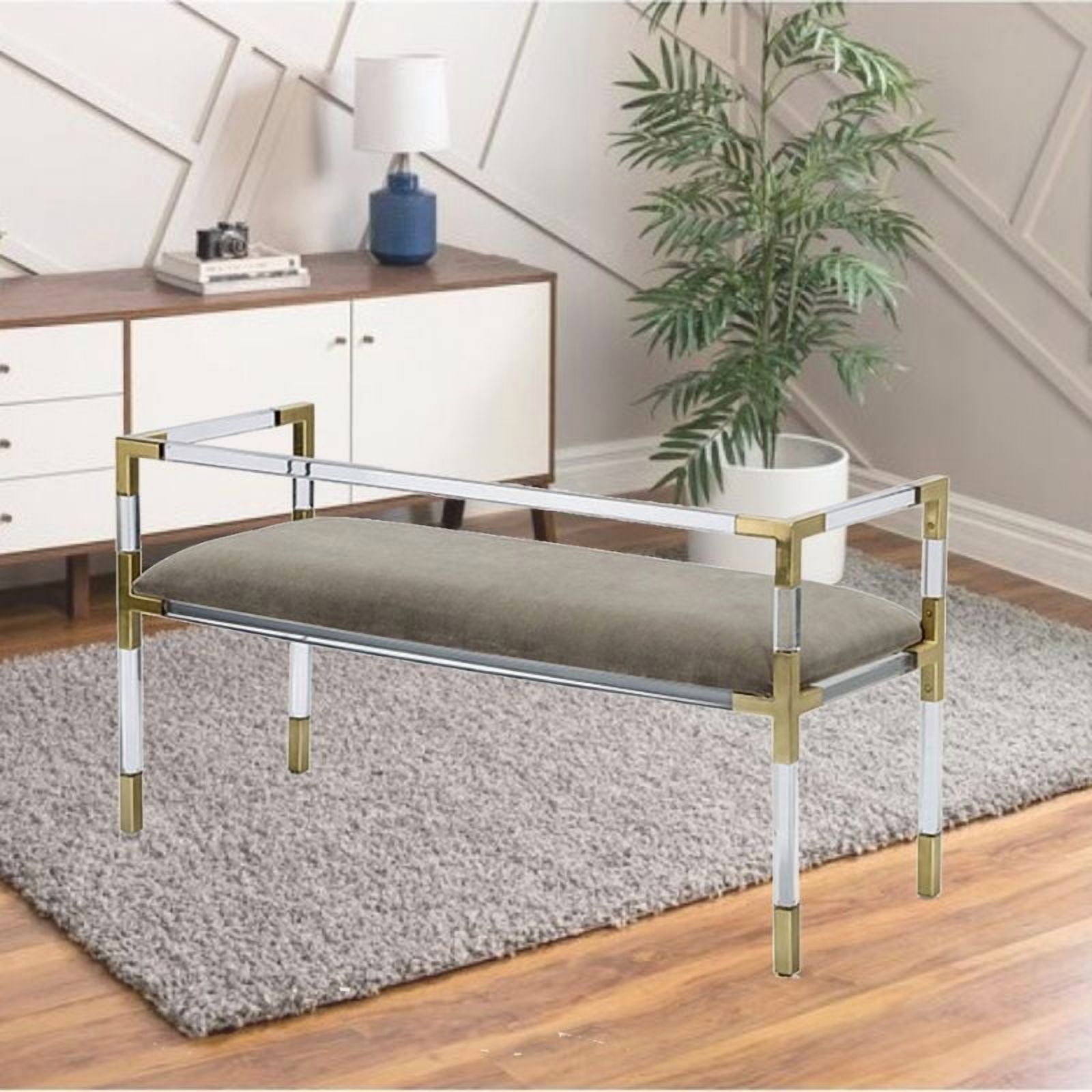 Doyle Bench in Clear, Acrylic Bench, Velvet Bench, Modern Bench with brushed brass details, Gold Bench, Clear Bench with brass details, Grey Velvet Bench, Stylish Bench, Entryway Bench, Living Room Be