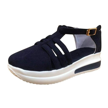 

Summer Savings Clearance! PEZHADA Womens Sandals Wedge Sandals for Women Ladies Wedge Platform Buckle Sandals Closed Toe Solid Color Round Toe Sandals Blue