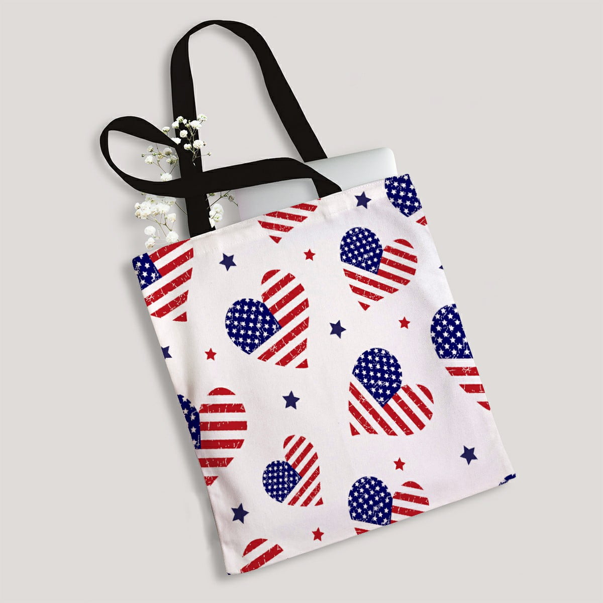 ABPHQTO American Flag Hearts Pattern Canvas Bag Reusable Tote Grocery